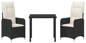 Conjunto de Jantar de Jardim 3 Peças com Almofadas Pretas de Rattan Po