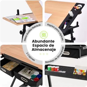 Mesa de desenho estirador ajustável em altura e ângulo 2 gavetas com banco Natural