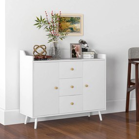 HOMCOM Aparador Sala de Estar Moderno Aparador de Cozinha com 2 Portas 3 Gavetas e Pés de Madeira de Pinho para Sala de Estar Corredor Dormitório 90x32x80 cm Branco