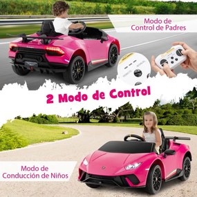 Carro Elétrico Lamborghini Licenciado para Crianças 12V com Controlo Remoto Luzes LED Música Buzina Arranque Suave Rosa