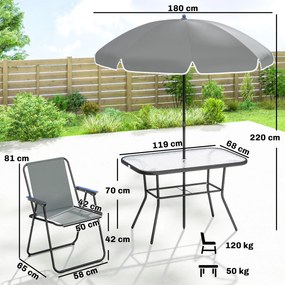 Conjunto de Mesa e Cadeiras de Jardim de 8 Peças com Chapéu de Sol 6 Cadeiras Dobráveis e Mesa de Vidro Cinza