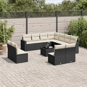 12 pcs conjunto de sofás de jardim c/ almofadões vime PE preto