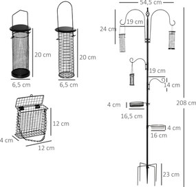 Alimentador para pássaros em aço, comedouro para pássaros com pé de 208H cm e 4 ganchos, preto