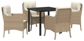 Conjunto de Jantar de Jardim de 5 Peças com Almofadas Bege Rattan Poli