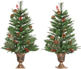 HOMCOM Conjunto de 2 Árvores de Natal Artificial 90cm com Vaso Ignífugo com 110 Ramos 70 Bagas 8 Pinhas e Folhas de PVC Verde | Aosom Portugal