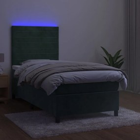 Cama box spring c/ colchão/LED 80x200 cm veludo verde-escuro