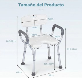 Cadeira de duche para idosos com altura ajustável em 6 níveis, assento antiderrapante, encosto curvo, braços almofadados e estrutura em alumínio branc