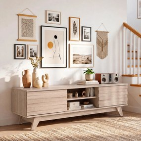 Móvel de TV com Portas de Correr, 145 x 39,5 x 41,5 cm, Prateleira Ajustável, Natural