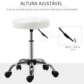 HOMCOM Banco Giratório com Rodas Altura Ajustável entre 48-63cm Banco de Trabalho Estofado em Couro PU para Salão Dentista Diâmetro Ø35,5cm Branco