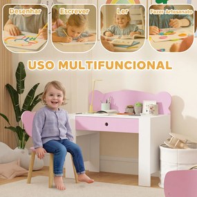 Secretária para Crianças com Cadeira em Forma de Ursinho Secretária Infantil com Gaveta para Estudar Ler e Desenhar Branco e Rosa