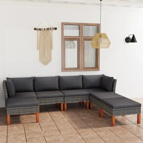 7 pcs conjunto lounge de jardim c/ almofadões vime PE cinzento