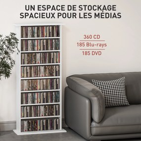 Organizador para CDs e DVDs com 8 compartimentos e 6 prateleiras ajustáveis 58 x 24 x 126,3 cm, capacidade máxima de 360 CDs/185 DVDs e Blu-rays, bran
