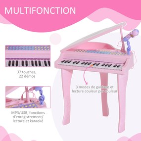 Piano de Cauda Electrónico para Crianças, 48 x 39 x 69 cm, 37 Teclas Multifunções, Cor-de-Rosa