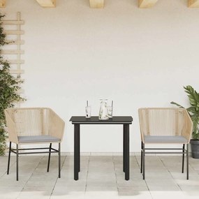 Conjunto jantar jardim 3 peças almofadas vidro vime PE castanho