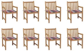 Cadeiras de jardim almofadões xadrez vermelho 8 pcs teca maciça
