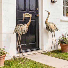 Conjunto de 2 estátuas de jardim, escultura de garça em metal, estátuas de aves 91/95 cm, para pátio, lago, terraço, dourado/azul