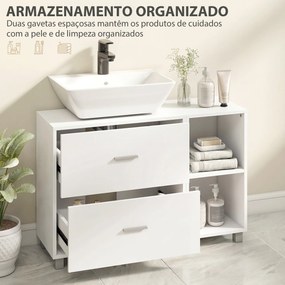 Móvel para Lavatório (NÃO INCLUIDO) de Casa de Banho com 2 Gavetas e 2 Prateleiras Abertas, para Lavatório com Pedestal, 90x30x60 cm, Branco