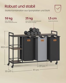 Cesto para roupa suja 3 compartimentos com Rodas e bolsos amovíveis 150 litros castanho-preto-cinzento