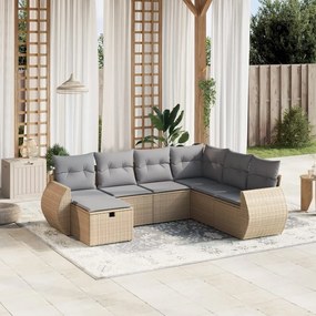 7 pcs conj. sofás jardim c/ almofadões vime PE bege misturado