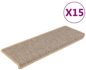 vidaXL Tapetes escada adesivos aspeto sisal 15pcs 65x21x4cm bege-claro