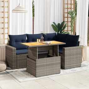 5 pcs conjunto sofás de jardim c/ almofadões vime PE cinzento
