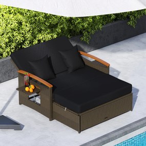 Sofá-cama de rattan para exterior com apoio para os pés com arrumação Encosto ajustável em 4 níveis e tabuleiros laterais retrácteis Castanho/preto