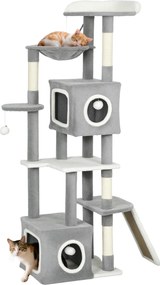 Arranhador para gatos com torre de brincadeiras, centro de atividades, 2 compartimentos abertos, plataformas, rede, escada e 4 pompons, 165 cm, cinzen