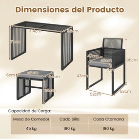 Conjunto de Móveis de Rattan Cadeira de Rattan PE e Mesa de Vidro Temperado com Pufes para Jardim Cinzento e Preto