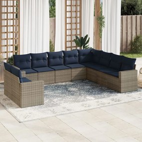 vidaXL 10 pcs conjunto sofás p/ jardim c/ almofadões vime PE cinzento