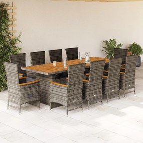 vidaXL 11 pcs conjunto jantar p/ jardim c/ almofadões vime PE cinzento