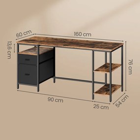 Secretária com 3 prateleiras e 2 gavetas 60 x 160 x 76 cm, castanho vintage-preto