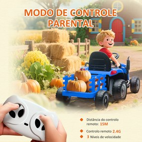 Trator Elétrico para Crianças com Reboque Desmontável Bateria 12V Velocidade 3-5 km/h Controle Remoto 2,4G 139x58x55 cm Azul