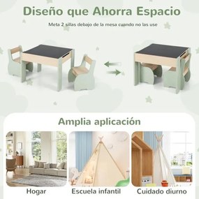 Conjunto de mesa e cadeiras infantil de 3 peças com arrumação e quadro removível para sala de jogos e creche verde