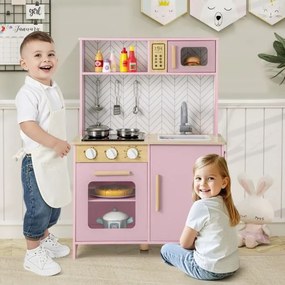 Cozinha de brincar para crianças de madeira 60 x 30 x 85 cm com luzes, sons, micro-ondas, fogão, lava-louças, forno e acessórios Rosa