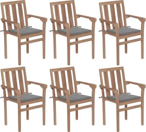 vidaXL Cadeiras de jardim empilháveis c/ almofadões 6 pcs teca maciça