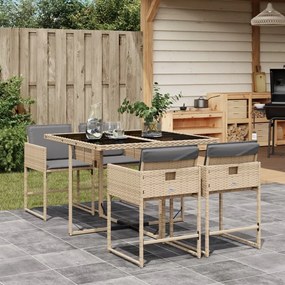 vidaXL 5pcs conj. jantar jardim c/ almofadões vime PE bege misturado