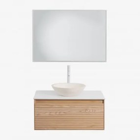 Conjunto De Móveis De Banheiro Em Madeira Tedrik Ash Castanho Fresno & Cimento Redondo Branco Ø40 Cm Zavion & Led Retangular - Sklum