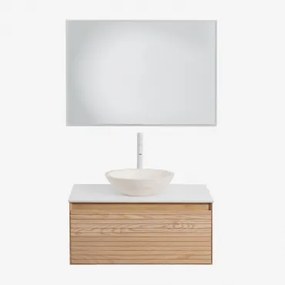 Conjunto De Móvel De Casa De Banho Suspenso Em Madeira De Freixo Tedrik Castanho Fresno & Cimento Redondo Branco Ø40 Cm Zavion & Led - Sklum