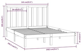 Estrutura de cama casal 135x190 cm pinho maciço cinza