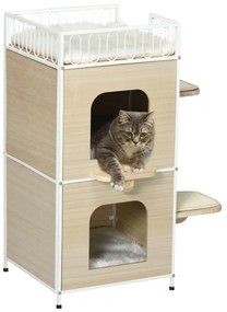 PawHut Casa para Gatos de 3 Níveis com 2 Arranhadores 3 Almofadas Laváveis e Cama Superior 40x40x84 cm Madeira