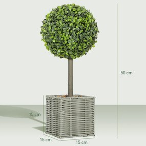 Conjunto de 2 plantas artificiais decorativas, bolas de buxo artificial de 50 cm com vaso de plástico trançado e seixos, verde