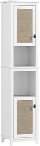 HOMCOM Armário Casa de Banho com Prateleira Ajustável 2 Portas em Vime e 2 Compartimentos Estilo Boho 40x30x167,5 cm Branco | Aosom Portugal