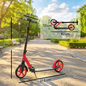 Trotinete Dobrável com Guiador Ajustável, Rodas Grandes de 200 mm, Amortecimento e Travão, Carga Máxima de 100 kg, 91,5x36,5x91-104 cm, Vermelho
