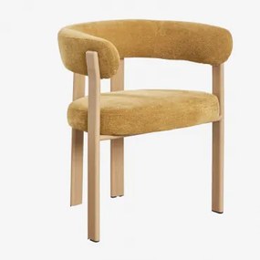 Pack De 4 Cadeiras De Jantar Com Braços Em Tecido Chenille Jolie Madeira Natural & Tecido Chenille Mostarda - Sklum