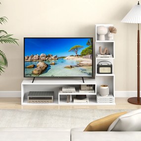Móvel de TV 144,5 x 29,5 x 121 cm com cubos para TVs até 50” Mesa de consola com Estantes em L e compartimentos abertos para sala de estar Branca