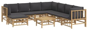 9pcs conj. lounge de jardim bambu c/ almofadões cinzento-escuro