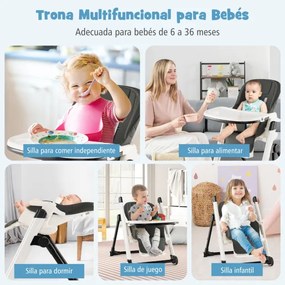 Cadeira alta dobrável refeição Bebé com encosto reclinável para dormir com arnês de 5 pontos 2 bandejas 57,5 ​​x 75,5 x 81-104 cm Cinza escuro