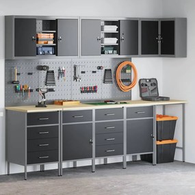 Conjunto de Armário de Trabalho e Painel de Ferramentas de 12 Peças vidaXL Preto MDF e Metal