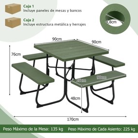 Conjunto de mesa e bancos de piquenique  para 8 pessoas com 4 bancos e orifício para guarda-sol, estrutura em metal verde