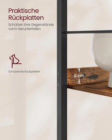 Estante com 5 prateleiras e painéis traseiros em design industrial 30 x 60 x 144 cm Castanho vintage + Preto